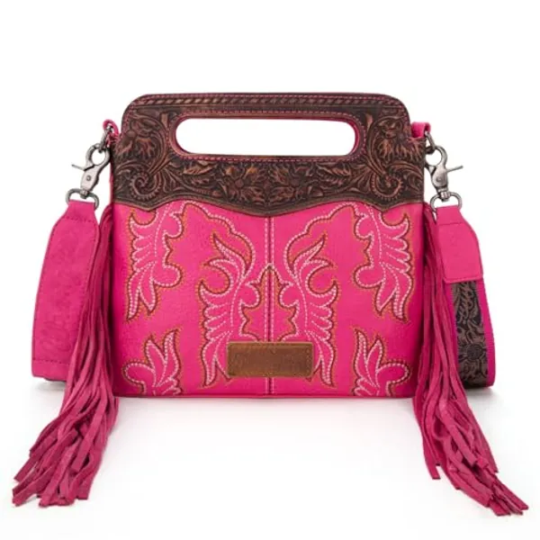 Wrangler Top Handle Crossbody Bags for Women Embroidered Fringe Western Crossbody Purse