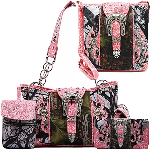 Western Style Camouflage Concealed Carry Purse Buckle Country Studs Women Handbag Shoulder Bag Wallet Set, 4piece Set Fuchsia, L