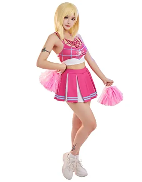 Miccostumes Womens Pink Cheerleader Costume Spiderweb Crop Top and Skirt with Poms