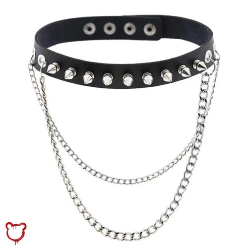 Studded Chain Leather Choker - Black