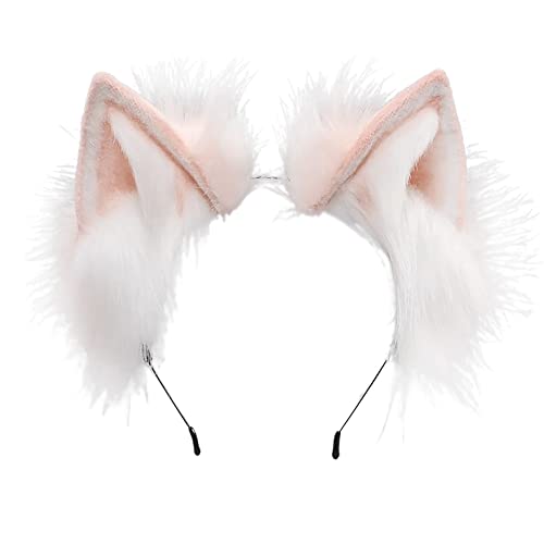 BNLIDES Handmade Fur Fox Wolf Cat Ears Headwear Women Men Cosplay Costume Party Cute Head Accessories for Halloween - Pink White