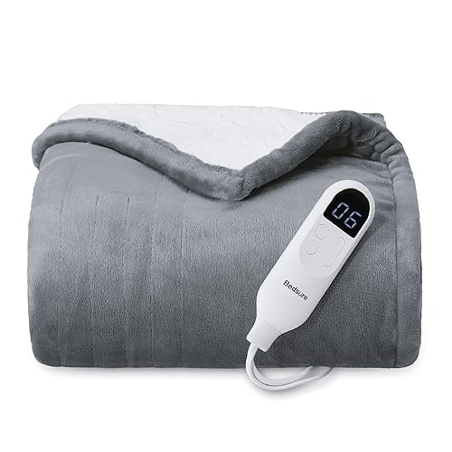 Bedsure Heated Blanket Electric Throw - Soft Flannel Electric Blanket, Heating Blanket with 4 Time Settings & 6 Heat Settings, Warm Blanket Gift for Grandma (50x60 inches, Grey) - 01 - Grey - Throw