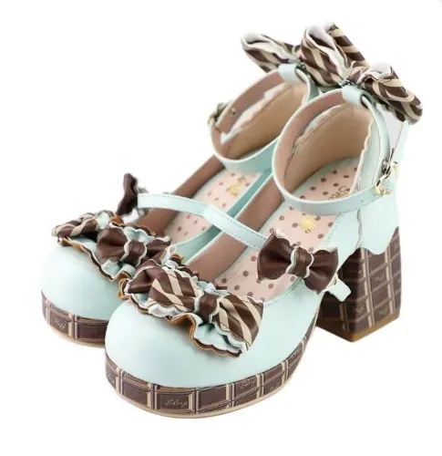 Sweet Girls Lolita High Heels Platform Shoes ,Young Women Students Cute Chocolate Candy Bowknots Ankle Strap Mary Janes