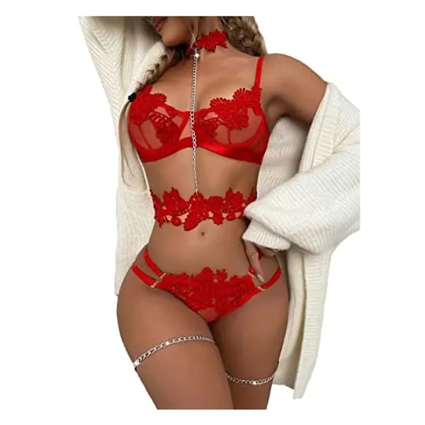 
                            Lilosy Sexy Choker Applique Embroidered Underwire Push Up Garter Belt Lingerie Set for Women Mesh Sheer Bra and Panty
                        