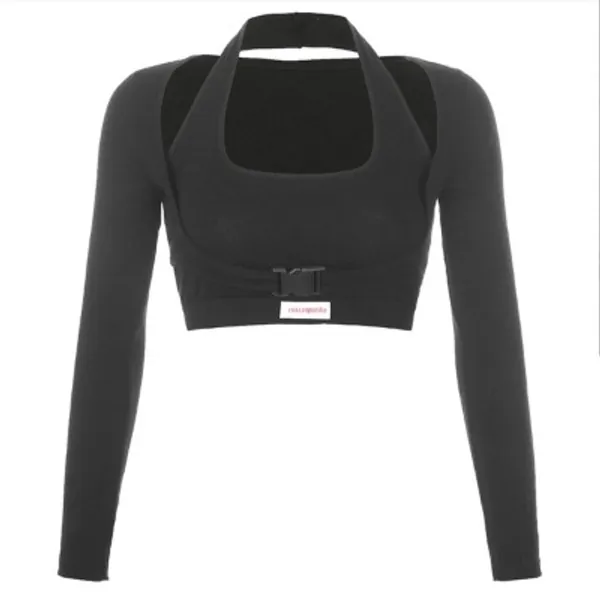 Sexy Fake Two Letter Print Buckle Long Sleeve Crop T Shirt