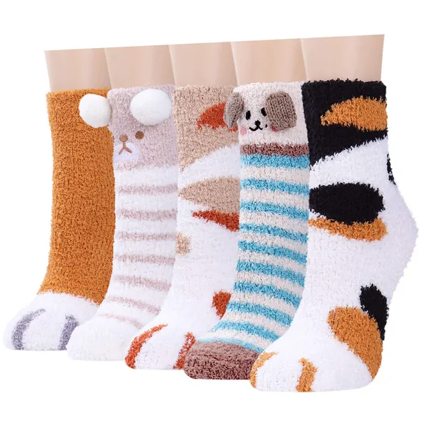 Plush Slipper Socks Women - Colorful Warm Fuzzy Crew Socks Cozy Soft 3 to 6 Pairs for Winter Indoor