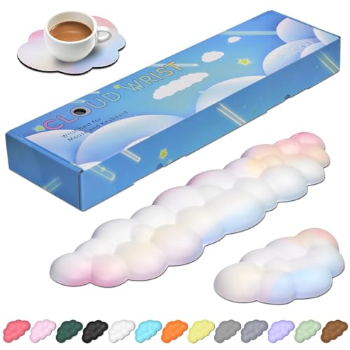JIKIOU Upgrade Leather Cloud Keyboard Wrist Rest, Cloud Wrist Rest with Non-Slip PU Base, Comfortable Memory Foam Wrist Rest for Computer Laptop Mac Gaming Office and Pain Relief Wish Gift - Rainbow