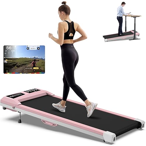 WELLFIT 10% Incline Walking Pad, 265/300+lbs Capacity Under Desk Treadmills, 29lb Lightweight Smart Treadmill with Widen Belt, Portable Treadmills Work with KINOMAP Apple Health for Home Office Small - Pink
