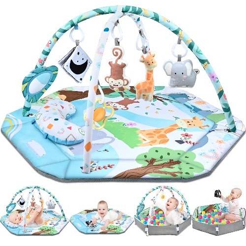 Baby Gym Play Mat, 8-in-1 Tummy Time Mat & Ball Pit with 6 Toys, Washable Baby Activity Play Mat for Visual, Hearing, Sensory, Motor Development, Baby Toys Toddler Infant 0-3-6-9-12 Months