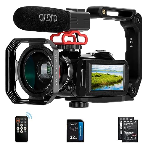 ORDRO Video Camera 4K Camcorder WiFi Ultra HD Vlog Camera for YouTube, IR Night Vision Video Recorder with Microphone, Wide Lens, Lens Hood, 2 Batteries - AC3-SET4