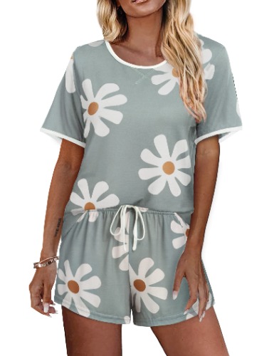 Ekouaer Women Pajama Set Casual Short Set - Grey-flower Printed - XX-Large