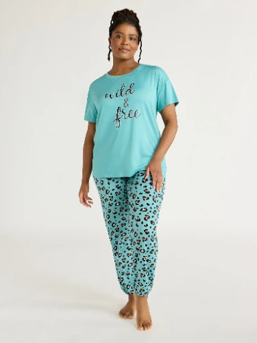 Joyspun Women's Short Sleeve T-Shirt and Jogger Pants Sleep Set, 2-Piece, Sizes S to 3X