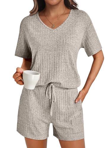 AUTOMET Womens Lounge Pajamas Sets 2 Piece Summer Tracksuits Ribbed Spring Outfits Matching Vacation Clothes Loungewear - Large - Camel