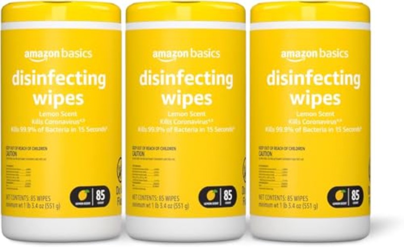 Amazon Basics Disinfecting Wipes, Lemon Scent, for Sanitizing, Cleaning & Deodorizing, 255 Count (3 Packs of 85) - 85 Count (Pack of 3) - 3 Pack Lemon