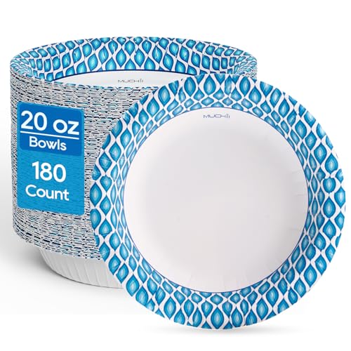 MUCHII 20 Oz Paper Bowls 180 Counts Disposable Bowls, Printed Soak Proof Large Bowls for Breakfast, Lunch, and Dinner Meals