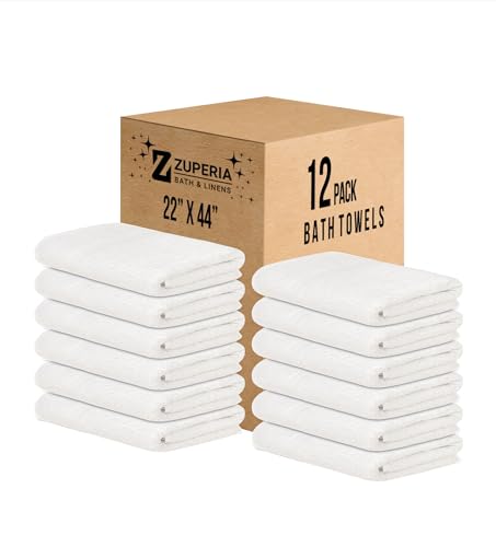 ZUPERIA White Bath Towels Bulk 12 Pack - 22 x 44 Inches, 100% Cotton Economy Light Weight Towels for Commercial Use - Quick Dry, Ultra-Soft, and Absorbent Bulk Towels - 12 - Bath Towel 22"x44"