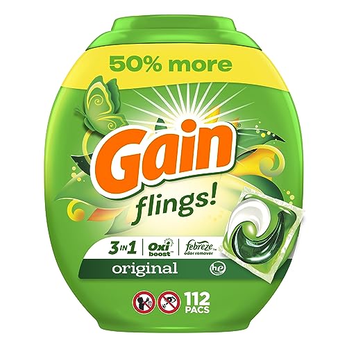 Gain Flings Laundry Detergent Pacs, 11 Count, Original Scent, 3 in 1 HE Detergent Pacs with Oxi Boost and Febreeze - 112 Count (Pack of 1)