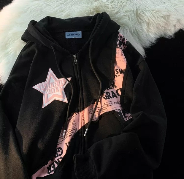 Y2k Star Zip Up Hoodie, Patchwork Y2k Streetwear Hoodie, Y2k Clothing, Aesthetic Pink Y2k Hoodie
