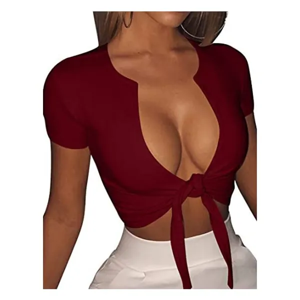 
                            BORIFLORS Women's Sexy Tie Up Crop Top Short Sleeve Deep V Neck Casual Basic T Shirt
                        