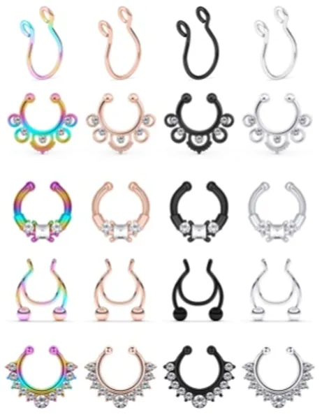SCERRING Fake Septum Nose Hoop Rings Stainless Steel Faux Lip Ear Nose Septum Ring Non Piercing Clip On Nose Hoop Rings Body Piercing Jewelry Clear CZ 20PCS