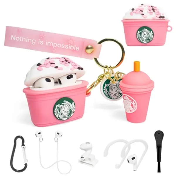 Case for Airpods 3 Generation, Cute Airpods 3 Case Kawaii Pink Coffee Cup Cartoon Airpods 3rd Cover, 7in1 Accessories/Pendant with Keychain/Carabiner/Anti-Lost Rope,Watch Strap,Ear Clip/Small Brush