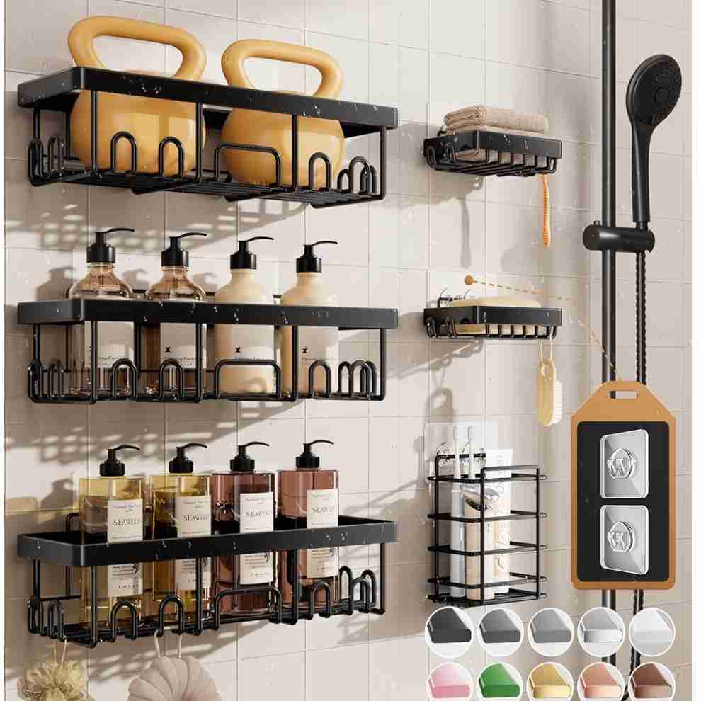 Veken Large Capacity Shower Caddy 6-Pack, No Drilling & Rustproof, Adhesive Shower Shelves with Soap Holder, Bathroom Organizers and Storage, Wall-Mounted Kitchen & Home Decor, black