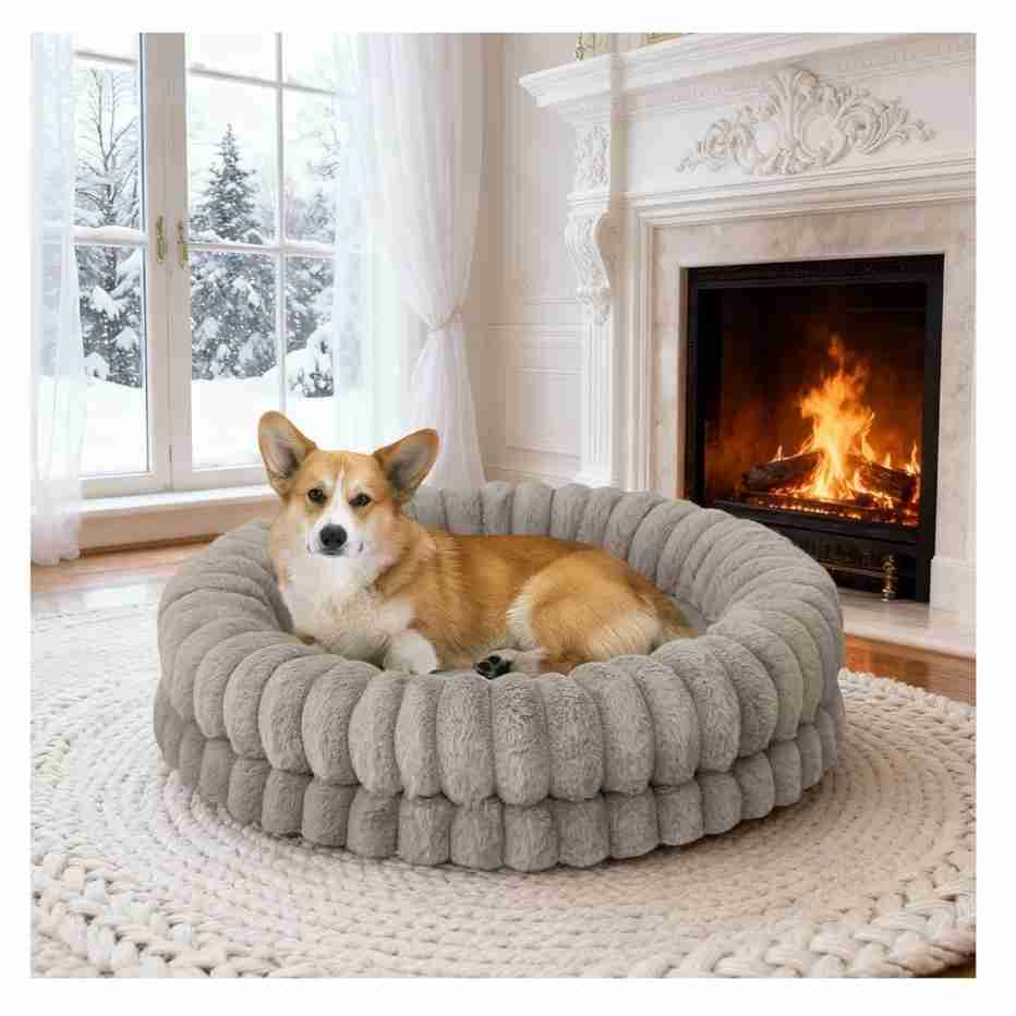 BALANCE Luxury Donut Dog Bed, 36 Inches Round Dog Beds Large Sized Dogs Washable, Orthopedic Calming Dogs Bed for Pets with Anti-Slip Bottom, Gray