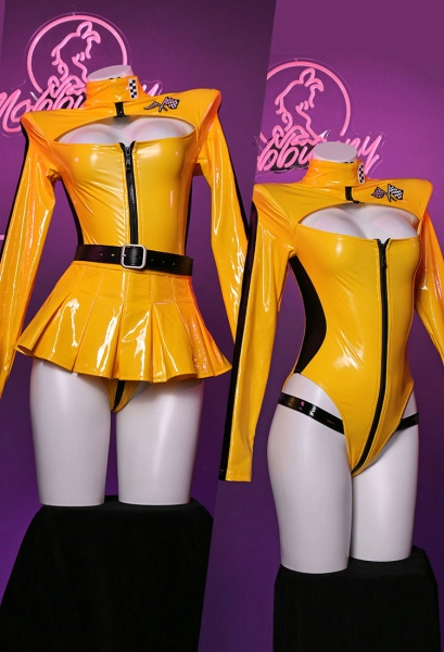 Halloween Beatrix Kiddo Sexy Lingerie Set Yellow Cutout Long Sleeves Bodysuit and Skirt with Belt Stockings Outfit Costume