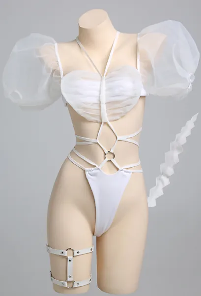 SCORPION BRIDE Bandage Style Sexy Lingerie Set Heart Shape Puff Sleeves Top and Thong with Tail