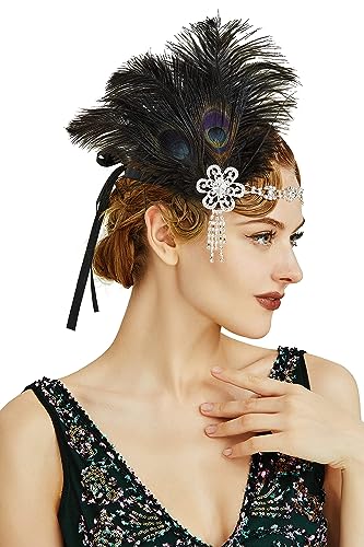 BABEYOND Fascia per capelli con piume anni'20 anni'20, stile Art Deco Flapper per capelli Great Gatsby, da donna, per costume da donna,colore nero - Nero