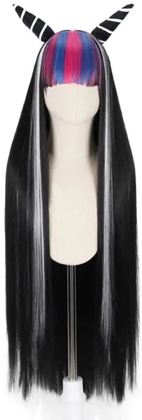 Yadi Parrucca Danganronpa V3 Anime Cosplay per Mioda Ibuki, lunga 100 cm, parrucca diritta, colore misto con cappuccio gratuito