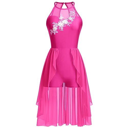 AFAVOM Lyrical Dance Costumes for Women Lace Flower Lyrical Dress Flowy Chiffon Leotard Skirt Contemporary Dance Costumes - Large - Hot Pink