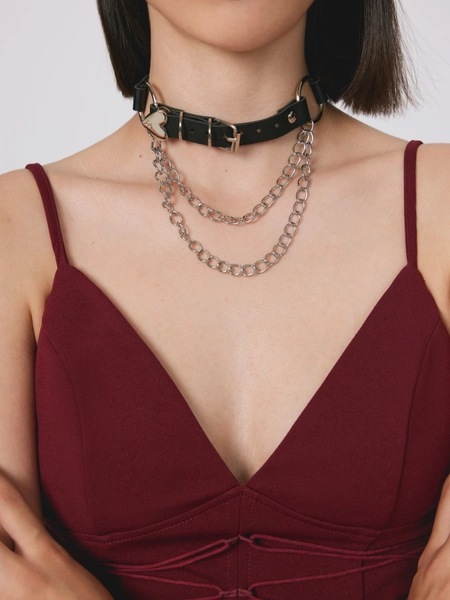 Faux Leather Heart Chain O-ring Decor Choker Necklace