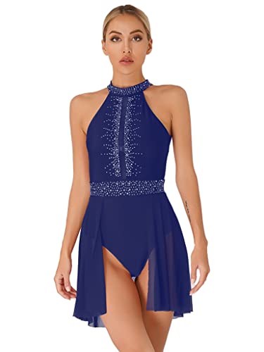 YOOJOO Women Lyrical Dance Costume Halter Neck Flowy Skirt Dress Ballet Leotard Modern Contemporary Dancewear - Large - Navy Blue