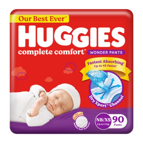 Huggies Complete Comfort Wonder Pants | Pant Style Baby Diapers New Born / XS Size, 90 Count | India's Fastest Absorbing Diaper, Patented Dry Xpert Channel, Ideal for 0-5 Kgs - New Born/X-Small
