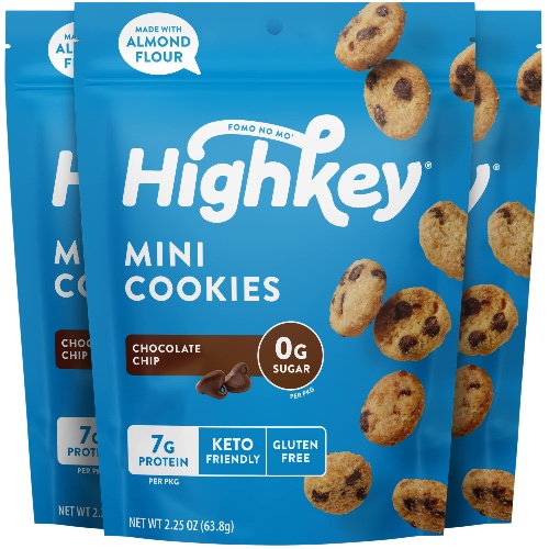 HighKey Chocolate Chip Mini Cookies - Gluten Free Sugar Free Keto Snack Low Carb Snacks Healthy Protein Diabetic Dessert Food Low Sugar Treat Ketogenic Diet Friendly Sweets No Carb Foods 3 Pack - Sugar Free Chocolate Chip