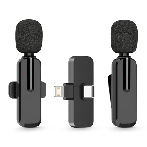 MAYBESTA Wireless Lavalier Microphone for iPhone, iPad, Android Phone - Bluetooth Lapel Mic for Video Recording - Mini Clip on Microphones for YouTube Podcast Interview - Black(2 in 1)