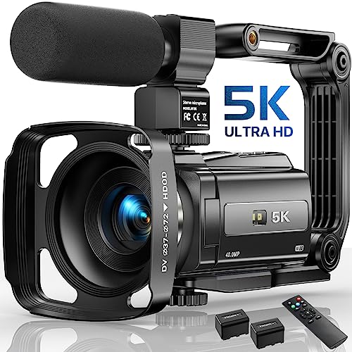 5K Video Camera Camcorder, 48MP UHD Wifi IR Night Vision Vlogging Camera for YouTube, 16X Digital Zoom Touch Screen Vlog Camera with External Microphone, Lens Hood, Stabilizer, Remote, 2 Batteries - Black