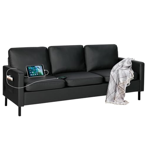 STHOUYN 72" W Faux Leather Black Sofa 3 Seat Couch, Modern Comfy Couch with 2 USB, Small Couches for Living Room Apartment Bedroom Small Spaces, Office Couch (Black (Sofa)) - Black (Sofa)