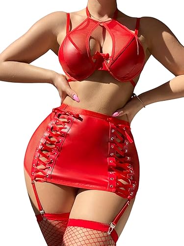 Foxiny Sexy Cutout Halter Underwire Leather Mesh Sheer Mini Skirt Stocking Lingerie Set 4 Piece Outfits - Medium - Red