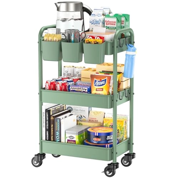YASONIC 3-Tier Rolling Cart, Green, 66 Pounds Capacity, Mesh Storage Organizer with Lockable Wheels, 3 Hanging Cups, 4 Hooks, Easy Assembly, for Kitchen, Bathroom, Laundry, Grocery