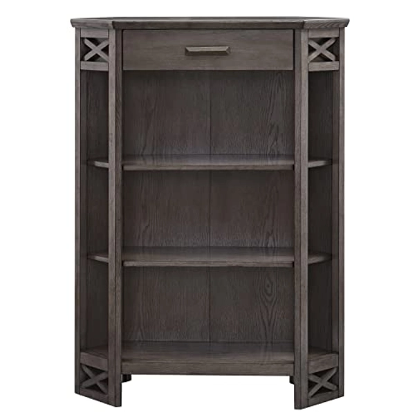 Leick Home 84263 Mantel Height 3-Shelf Corner Bookcase with Drawer Storage, Gray Oak