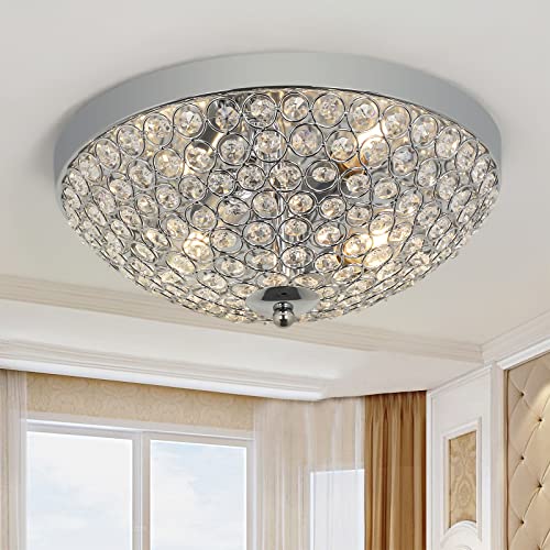 DLLT Modern Flush Mount Crystal Ceiling Light, 2-Light Small Chandelier Close to Ceiling Light Fixtures for Bedroom, Entryway, Foyer, Hallway, Dining Room, Chrome Finish Bowl Shape Shade E12 - Fully enclosed