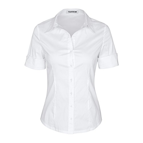 Womens Button Down Shirts Tailored Short Sleeve Shirt Basic Simple Stretch Wrinkle Free Formal Work Blouses - Medium - White