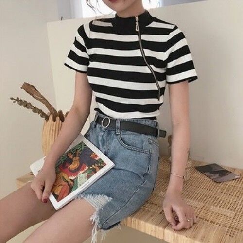 Casual White and Black Striped Knitted Top - stripe / L