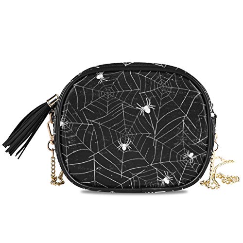 ALAZA Halloween Black and White Grunge Background with Spiderwebs Cross Body Fashion Chain Bag Single Shoulder PU Leather Purse for Women Girls
