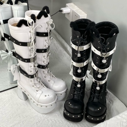 [$69.50]Imprisoned Forever Black and White Lolita High Block Heel Boots