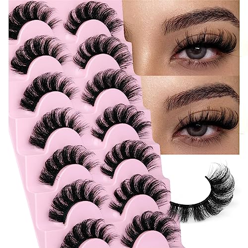 Mink Lashes Fluffy Wispy Lashes Natural Look 3D False Eyelashes D Curl Russian Strip Lashes 7 Pairs Short Fake Eyelash Pack by EYDEVRO - D Curl