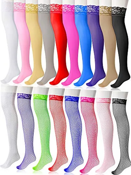 Geyoga 18 Pairs Fishnet Thigh High Stockings Sheer Lace Top Stockings Silicone Silky Opaque Lace Stockings Nylon Shiny Pantyhose for Women Girls Valentine's Day Favors