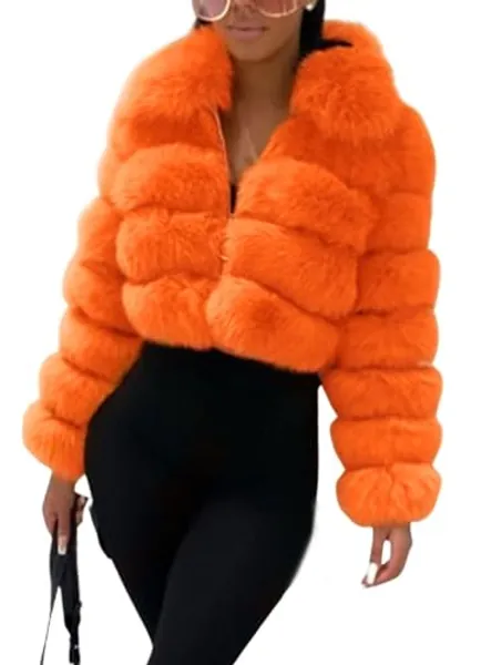 loveimgs Women Fluffy Faux Fur Coat Cropped Jacket Puffer Jacket Zip Up Winter Warm Fuzzy Teddy Jacket
